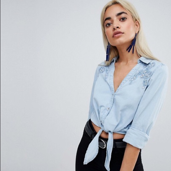 tie front denim shirt